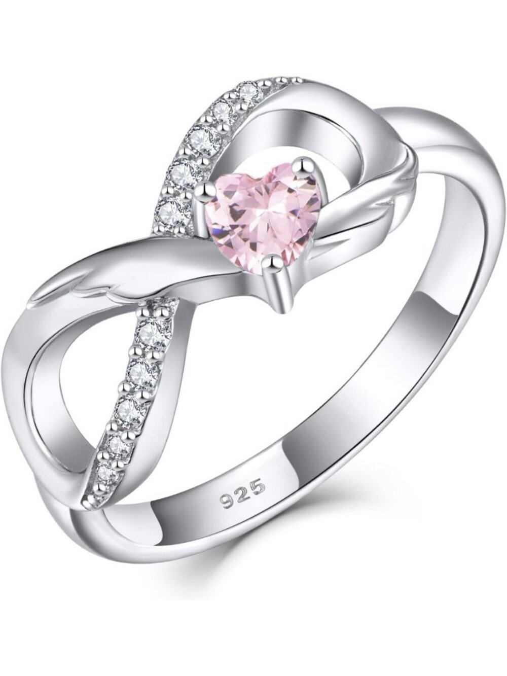 925 Sterling Silver Infinity Promise Ring with Angel Wings & Heart, Size 5-10